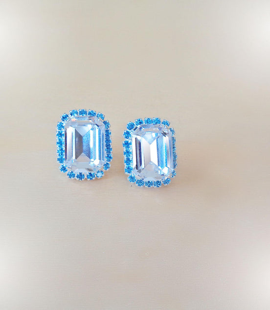 Crystal octagon halo stud  earrings clear crystal silver plated