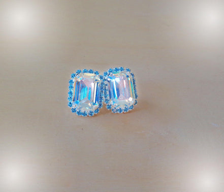 Crystal octagon halo stud  earrings  clear shimmer, silver plated