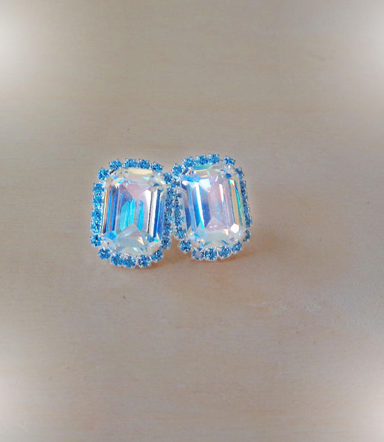 Crystal octagon halo stud  earrings  clear shimmer, silver plated