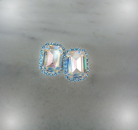 Crystal octagon halo stud  earrings  clear shimmer, silver plated