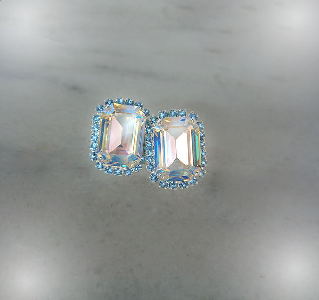 Crystal octagon halo stud  earrings  clear shimmer, silver plated
