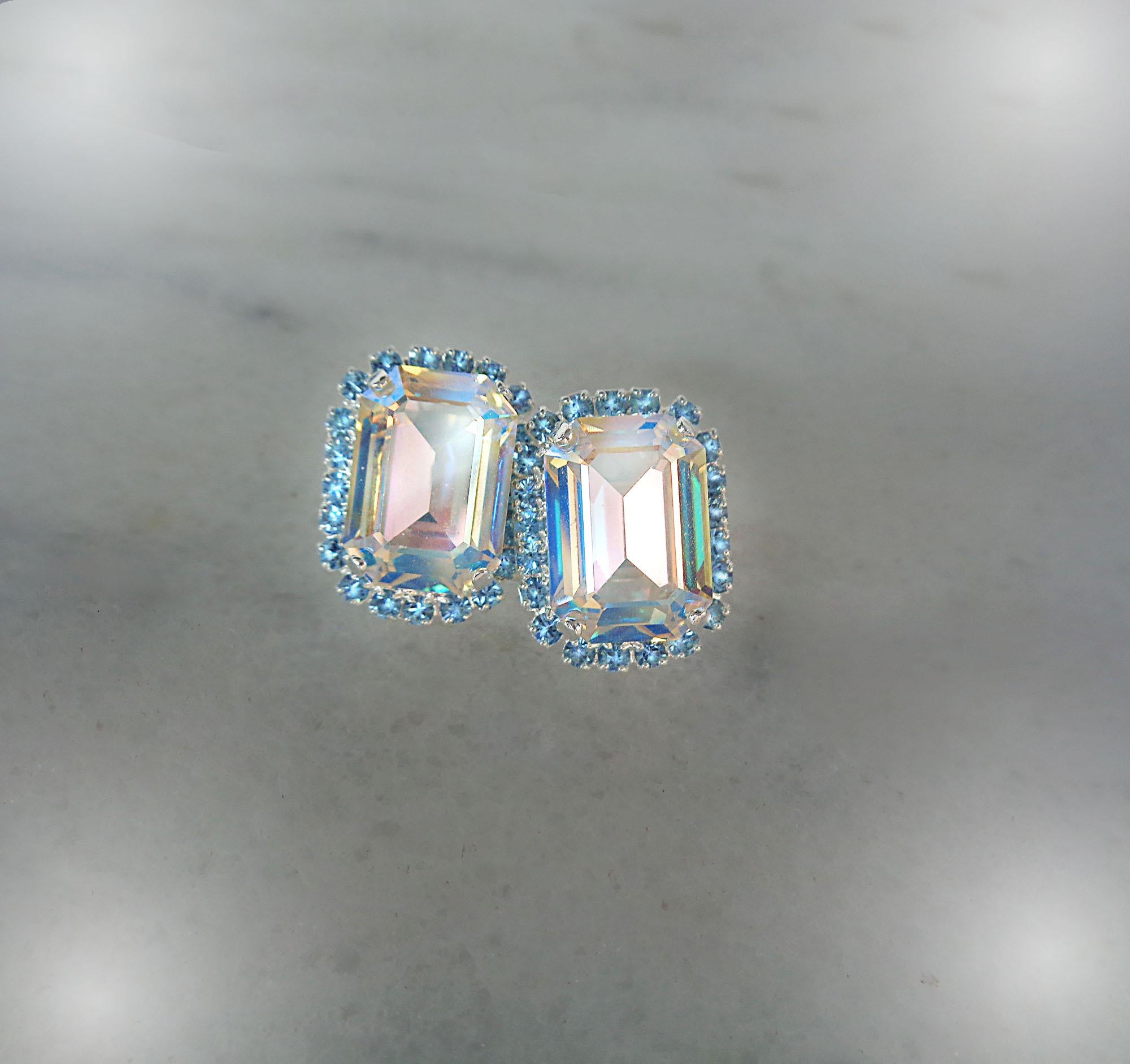 Crystal octagon halo stud  earrings  clear shimmer, silver plated