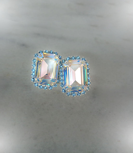 Crystal octagon halo stud  earrings  clear shimmer, silver plated