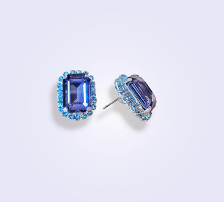 Crystal  halo stud earrings  tanzanite, aquamarine ,silver plated