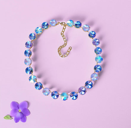 CYRUS crystal rivoli tennis necklace purple shades,yellow gold