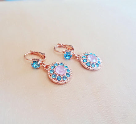 SYLVIA Crystal  floral dangle  drop earrings aquamarine,rose gold plated