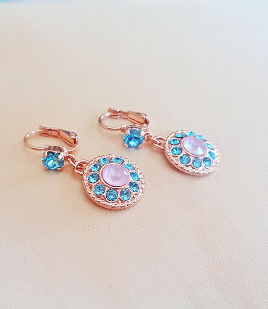SYLVIA Crystal  floral dangle  drop earrings aquamarine,rose gold plated