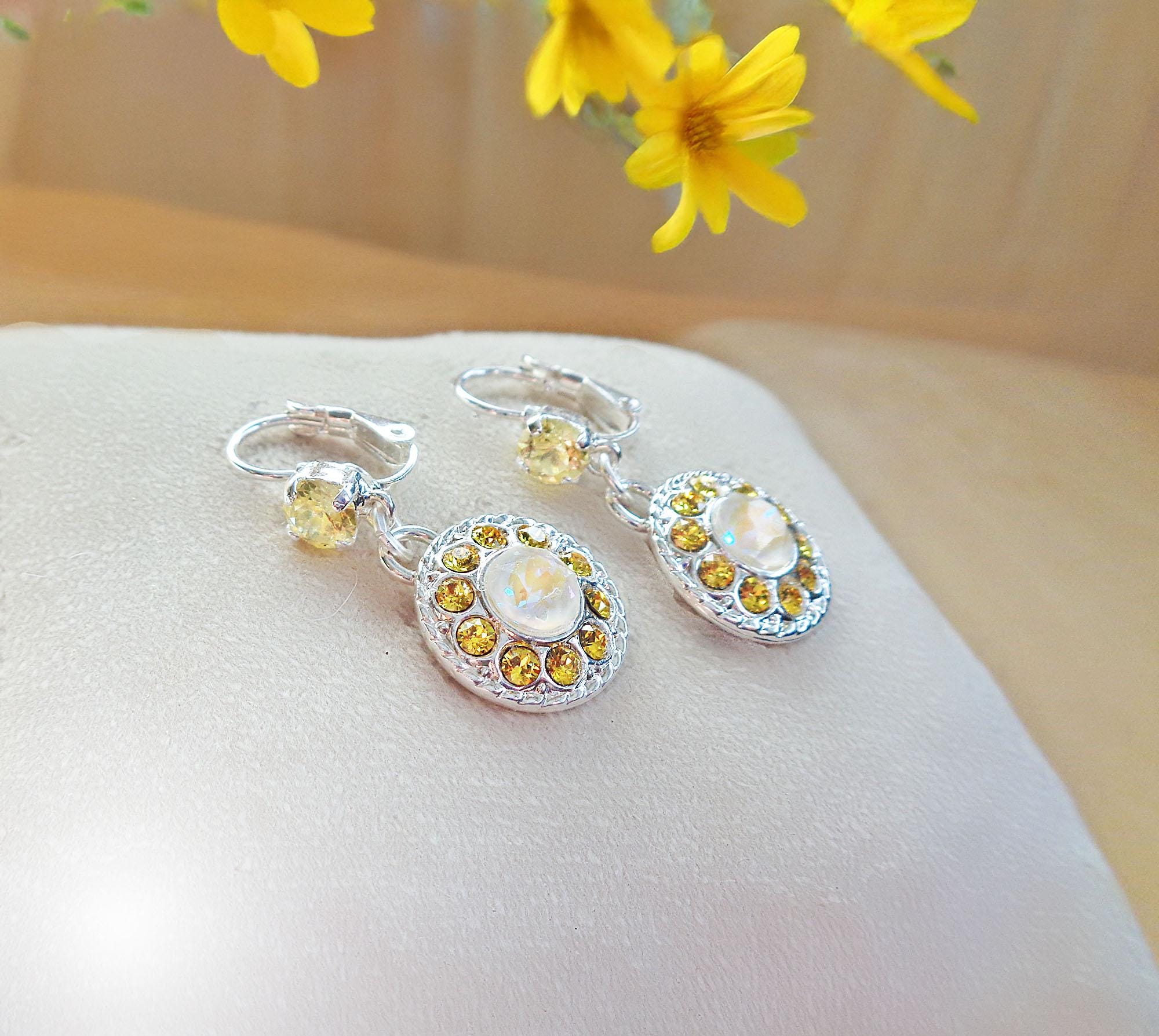 JULIA Crystal  floral dangle  drop earrings light topaz,white, silver plated
