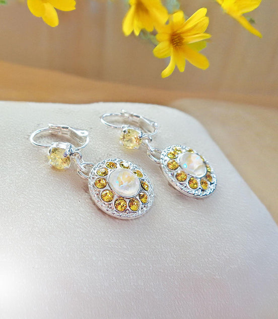 JULIA Crystal  floral dangle  drop earrings light topaz,white, silver plated