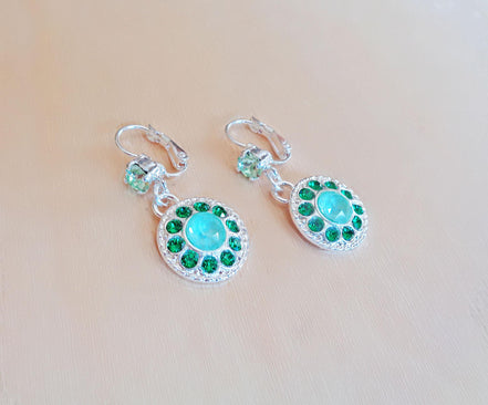 BARRY, Crystal  floral dangle  drop earrings mint green,silver plated