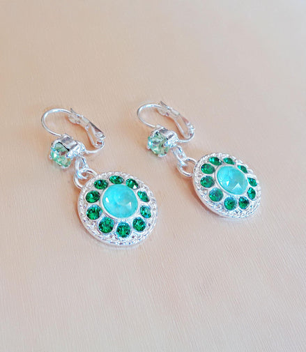 BARRY, Crystal  floral dangle  drop earrings mint green,silver plated