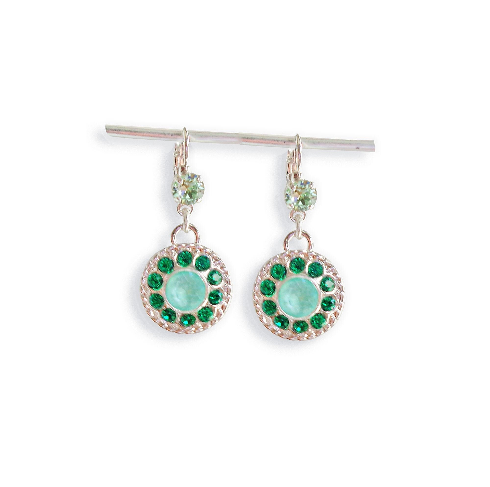 BARRY, Crystal  floral dangle  drop earrings mint green,silver plated