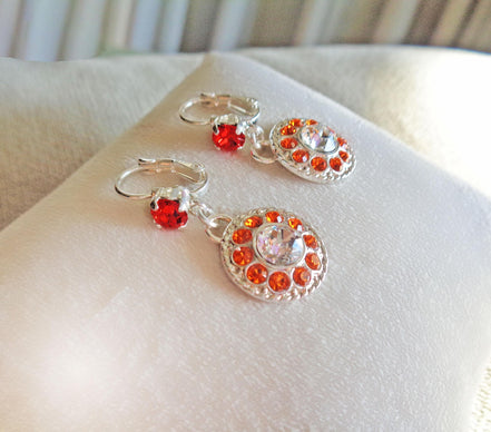 JUNE,crystal floral  drop earrings orange,clear crystal,bright silver