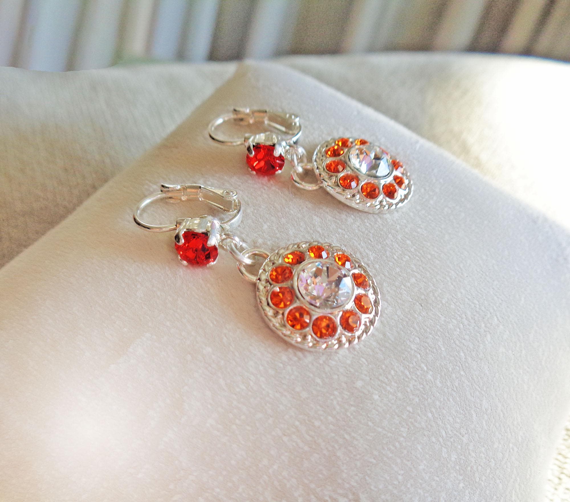 JUNE,crystal floral  drop earrings orange,clear crystal,bright silver