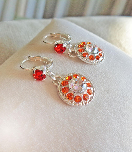 JUNE,crystal floral  drop earrings orange,clear crystal,bright silver