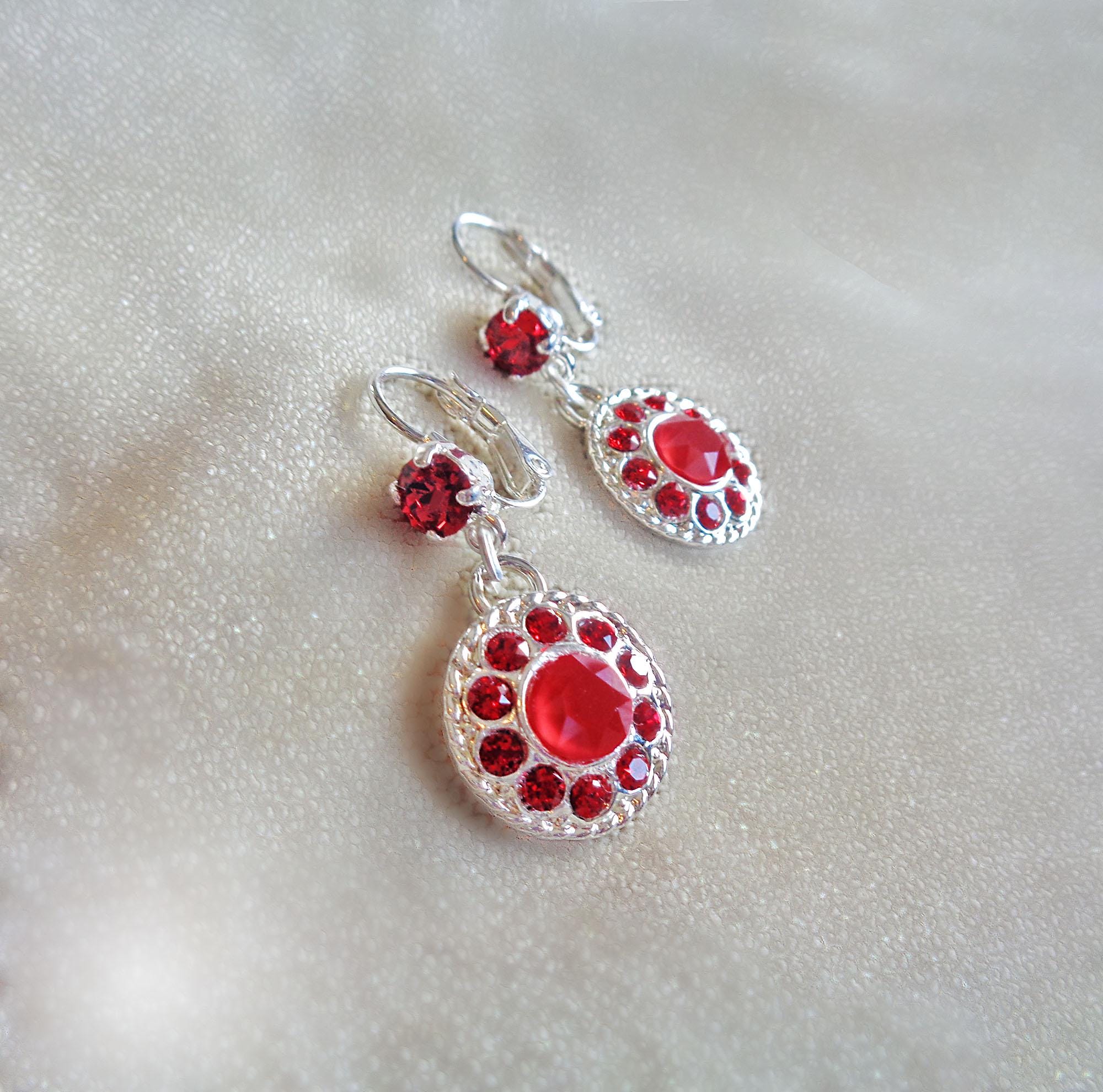 MARGOT, Crystal floral  drop earrings light siam,bright silver