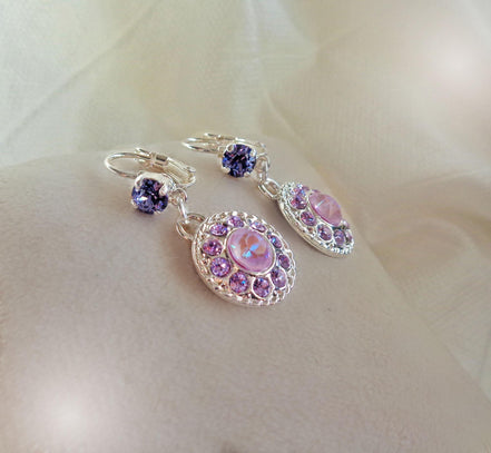 KLEA,Crystal  floral dangle  drop earrings purple,silver plated