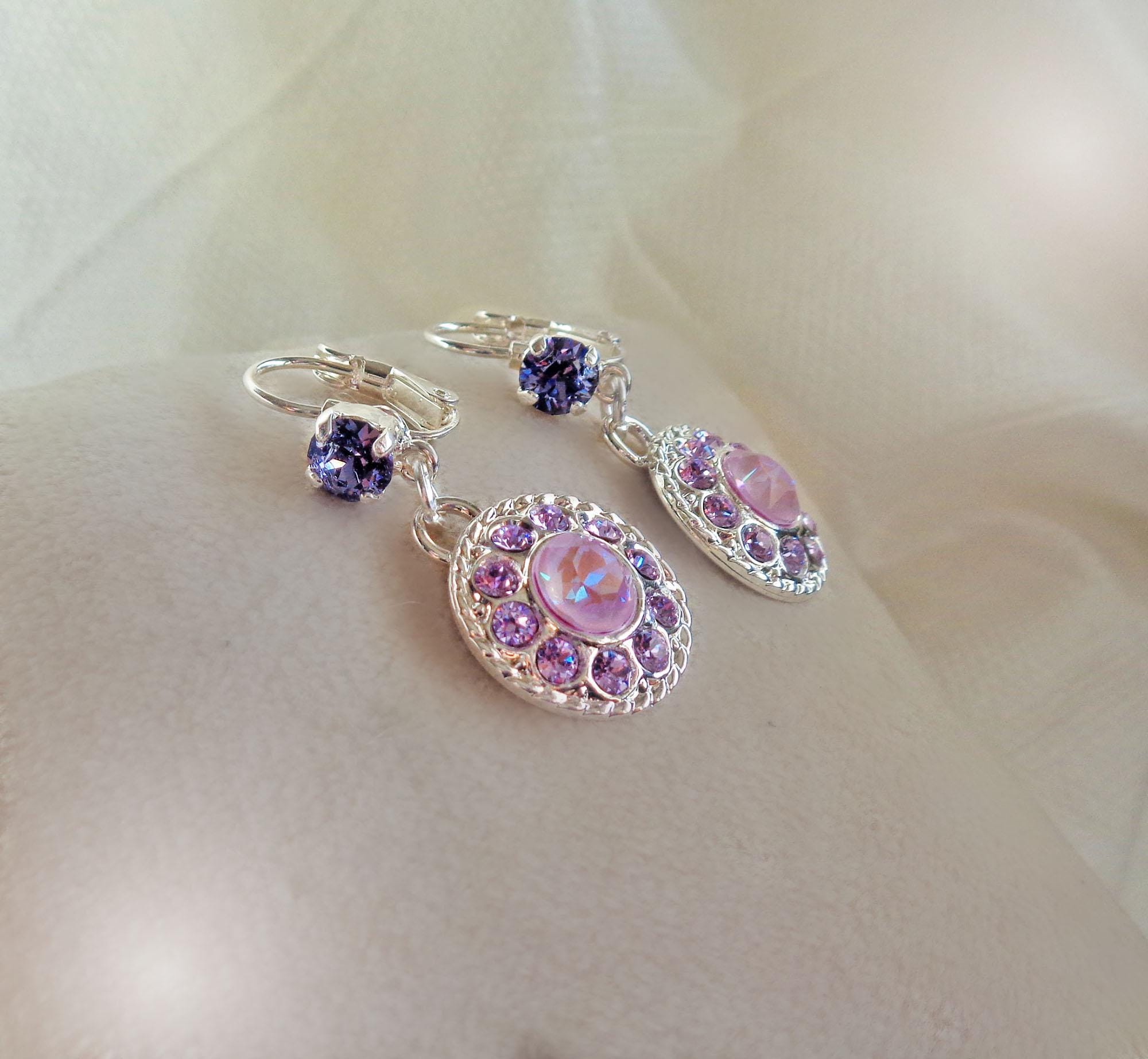 KLEA,Crystal  floral dangle  drop earrings purple,silver plated