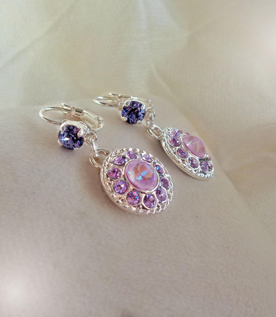 KLEA,Crystal  floral dangle  drop earrings purple,silver plated