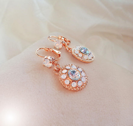 BLANCHE,Crystal  floral dangle  drop earrings white opal,rose gold plated