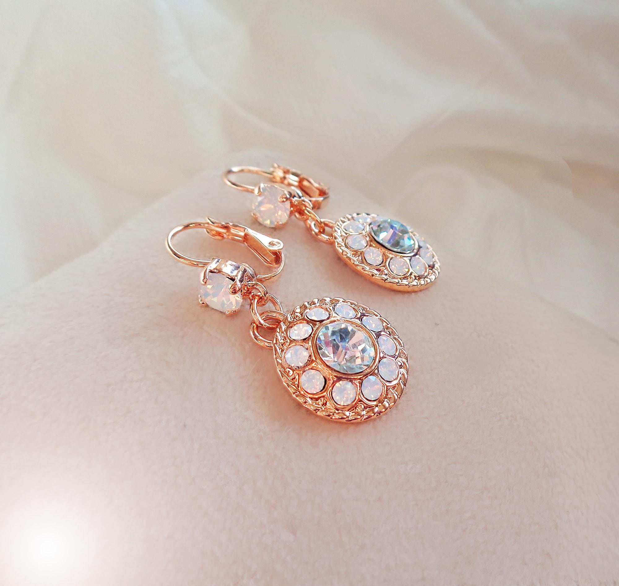 BLANCHE,Crystal  floral dangle  drop earrings white opal,rose gold plated