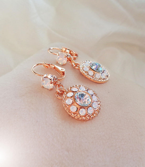 BLANCHE,Crystal  floral dangle  drop earrings white opal,rose gold plated