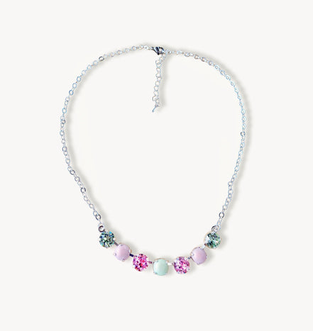 Crystal chain necklace pastel green and pink  ,bright silver