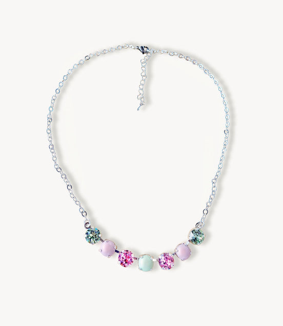Crystal chain necklace pastel green and pink  ,bright silver
