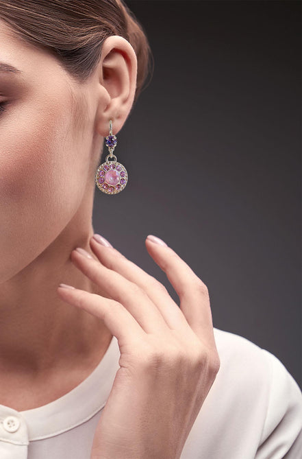 KLEA,Crystal  floral dangle  drop earrings purple,silver plated