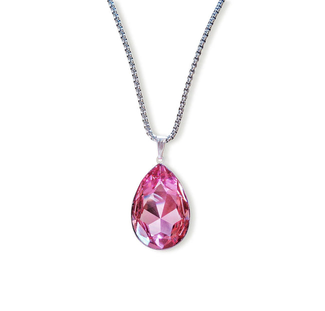 Large  crystal pear stone pendant necklace  light  pink,stainless steel chain