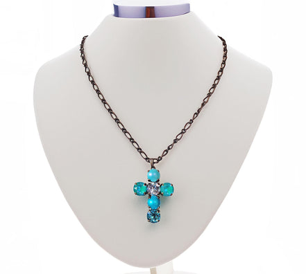 Crystal cross pendant necklace light turquoise,antique brass
