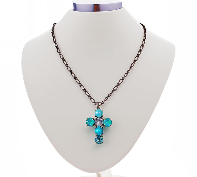 Crystal cross pendant necklace light turquoise,antique brass