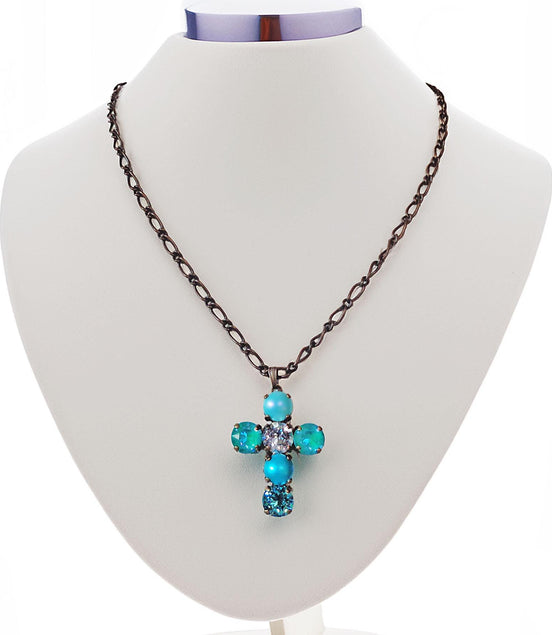 Crystal cross pendant necklace light turquoise,antique brass