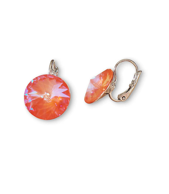 Crystal  rivoli drop earrings,orange glow delite,rhodium silver