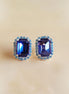 Crystal octagon halo stud  earrings  blue , silver plated