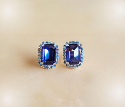 Crystal octagon halo stud  earrings  blue , silver plated