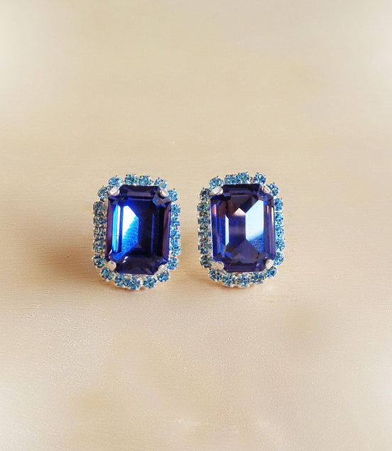 Crystal octagon halo stud  earrings  blue , silver plated