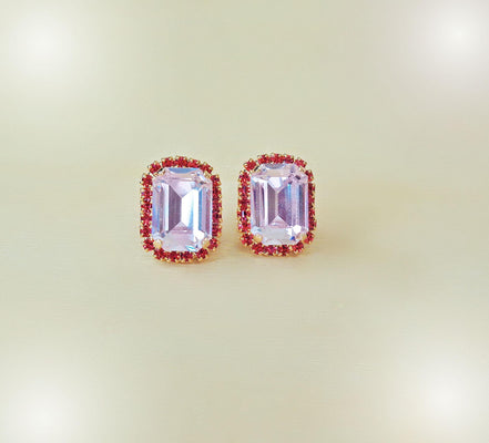 Crystal octagon halo stud  earrings  light rose, gold plated