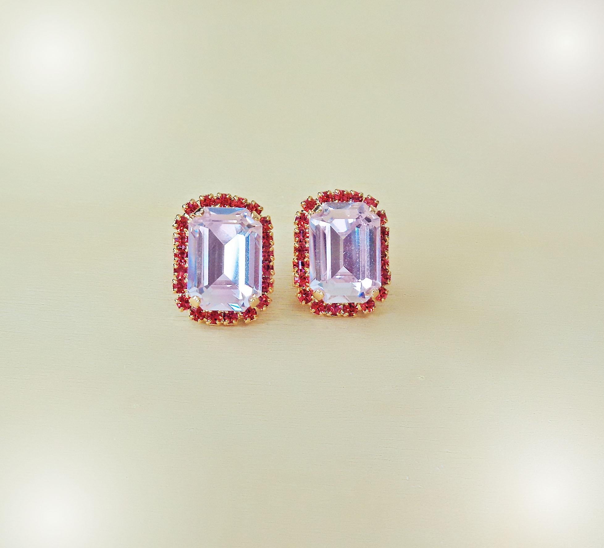 Crystal octagon halo stud  earrings  light rose, gold plated