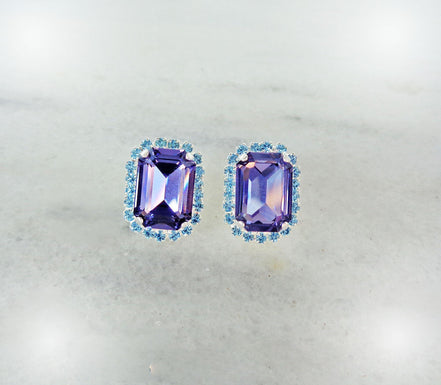 Crystal  halo stud earrings  tanzanite, aquamarine ,silver plated