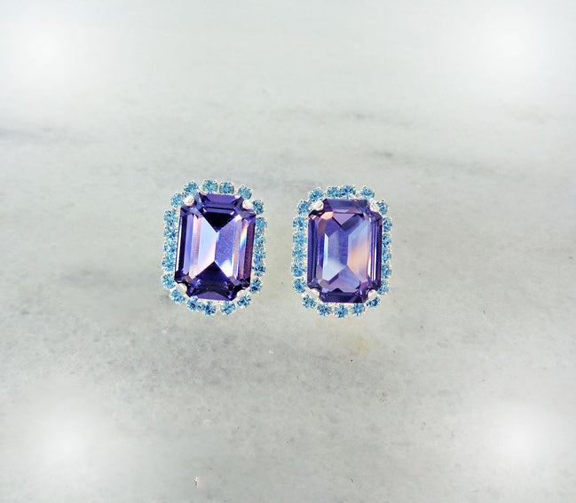 Crystal  halo stud earrings  tanzanite, aquamarine ,silver plated