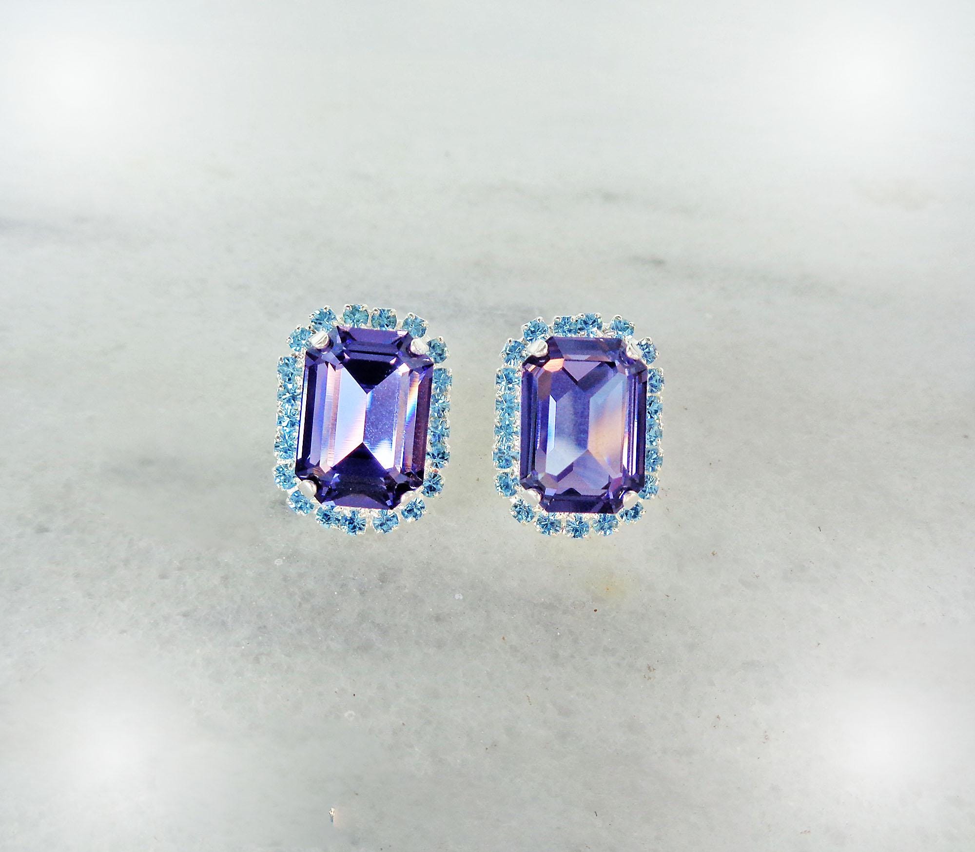 Crystal  halo stud earrings  tanzanite, aquamarine ,silver plated