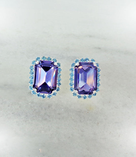 Crystal  halo stud earrings  tanzanite, aquamarine ,silver plated
