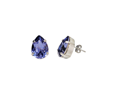 Crystal pear stud earrings dark purple,rhodium silver