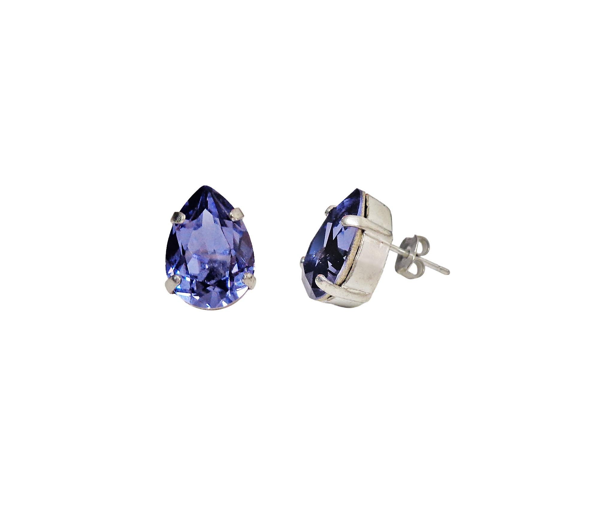 Crystal pear stud earrings dark purple,rhodium silver