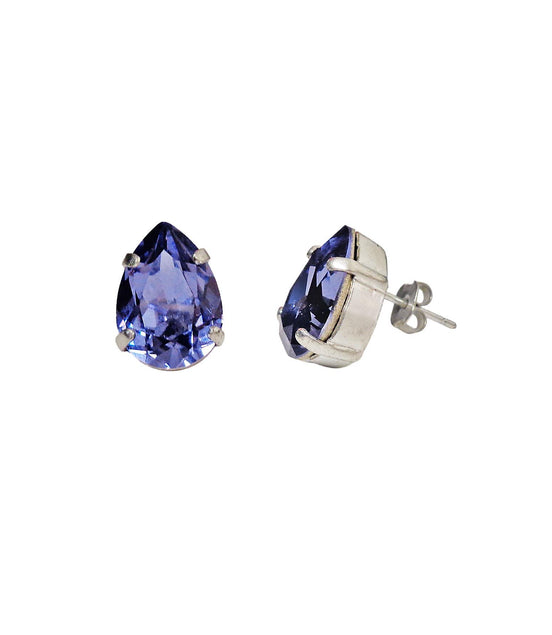 Crystal pear stud earrings dark purple,rhodium silver