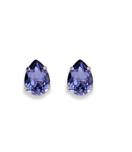 Crystal pear stud earrings dark purple,rhodium silver