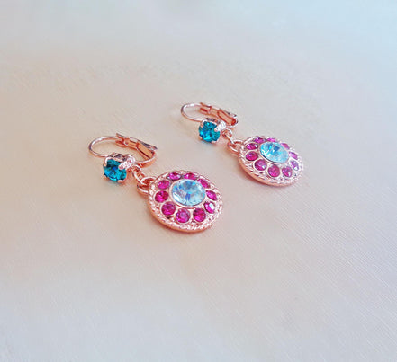 MICHELA crystal floral drop earrings  aquamarine, pink,rose gold
