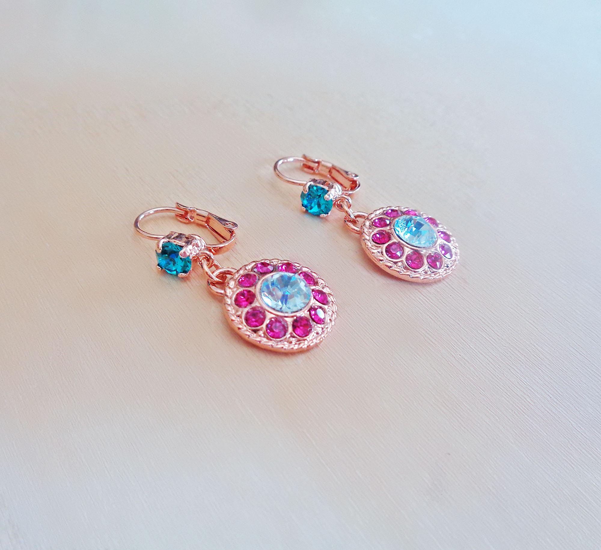 MICHELA crystal floral drop earrings  aquamarine, pink,rose gold