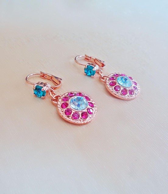 MICHELA crystal floral drop earrings  aquamarine, pink,rose gold